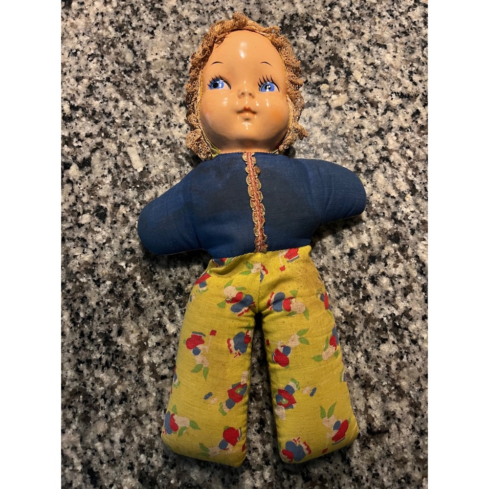 Vintage Cloth Doll Painted Mask Face Lace Bonnet Blue Eyes Stuffed Toy Antique
